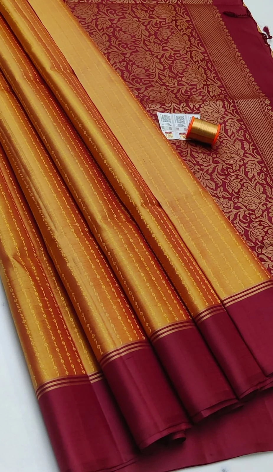Golden Orange with Maroon Kanchipuram Soft Silk Saree